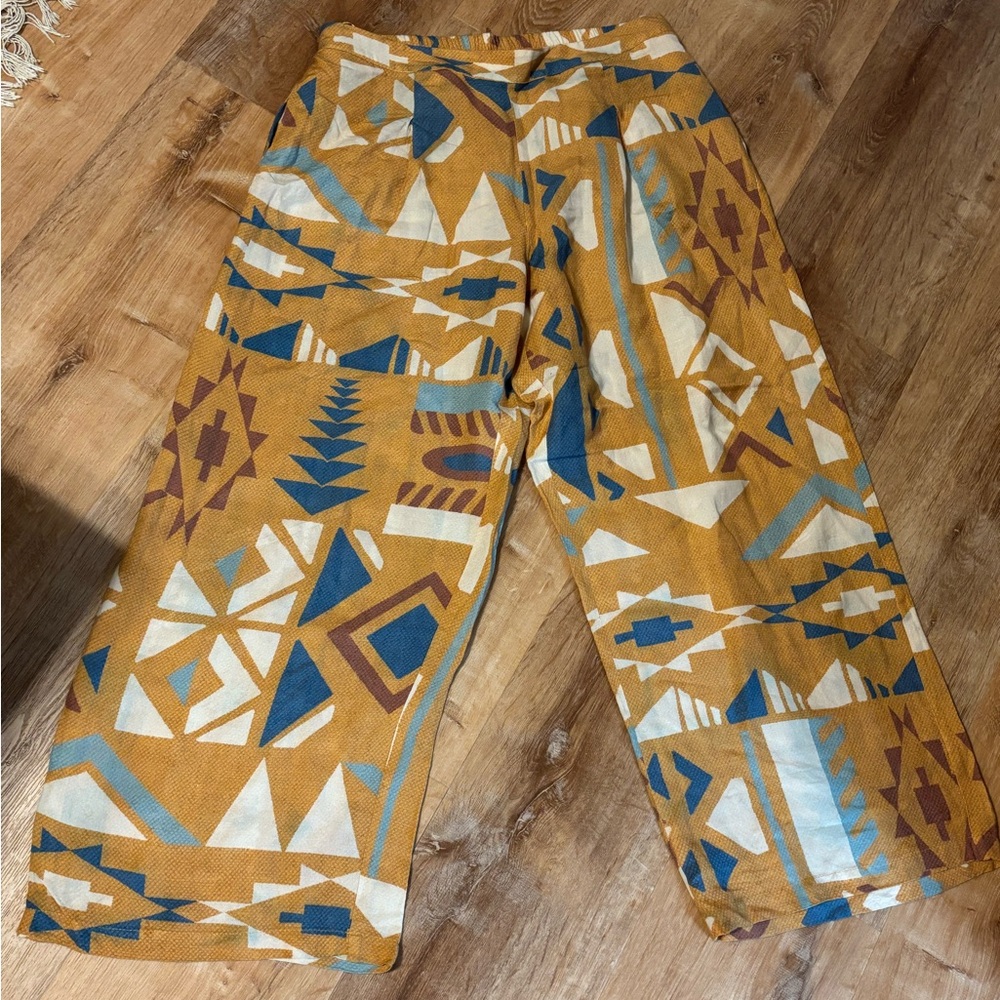 Ranna Gill Geometric Pattern Wide-Leg Pants in Mustard and Blue